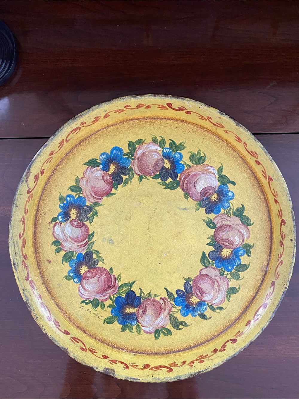 Vintage Hand-Painted Yellow Floral Decorative Tray